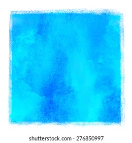 Watercolor square blue paint stain closeup isolated on white background