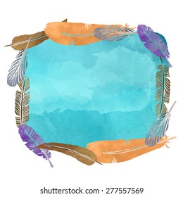 Watercolor square frame with feathers isolated on white background set. Art design element, hand drawn