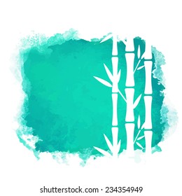 Watercolor square paint stain and bamboo trees closeup white silhouettes. Nature icon isolated on white background. Abstract art. Logo design 