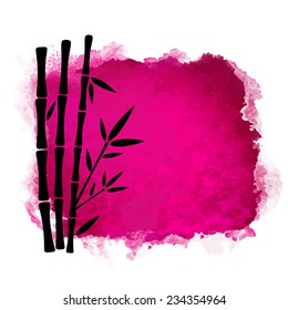 Watercolor square paint stain and bamboo trees closeup black silhouettes. Nature icon isolated on white background. Abstract art. Logo design 