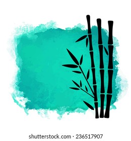 Watercolor square paint stain and bamboo trees closeup black silhouettes. Nature icon isolated on white background. Abstract art. Logo design 