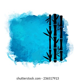 Watercolor square paint stain and bamboo trees closeup black silhouettes. Nature icon isolated on white background. Abstract art. Logo design 