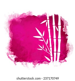 Watercolor square paint stain and bamboo trees closeup white silhouettes. Nature icon isolated on white background. Abstract art. Logo design 