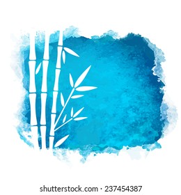 Watercolor square paint stain and bamboo trees closeup white silhouettes. Nature icon isolated on white background. Abstract art. Logo design 