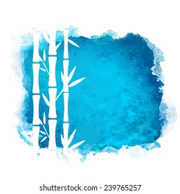 Watercolor square paint stain and bamboo trees closeup white silhouettes. Nature icon isolated on white background. Abstract art. Logo design 