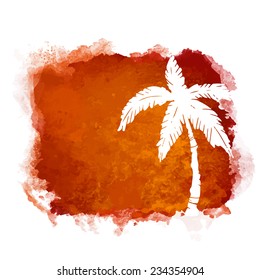 Watercolor square paint stain and coconut palm tree closeup white silhouette. Nature icon isolated on white background. Abstract art. Logo design 