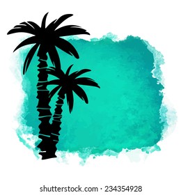 Watercolor square paint stain and coconut palm trees closeup black silhouettes. Nature icon isolated on white background. Abstract art. Logo design 