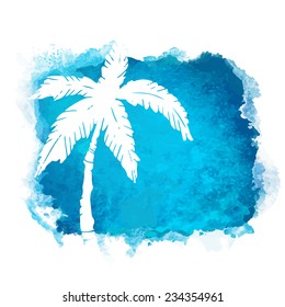 Watercolor square paint stain and coconut palm tree closeup white silhouette. Nature icon isolated on white background. Abstract art. Logo design 