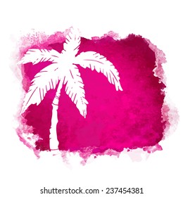 Watercolor square paint stain and coconut palm tree closeup white silhouette. Nature icon isolated on white background. Abstract art. Logo design 