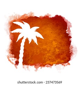 Watercolor square paint stain and coconut palm tree closeup white silhouette. Nature icon isolated on white background. Abstract art. Logo design 