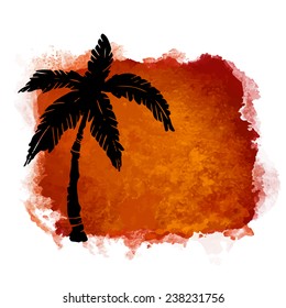 Watercolor square paint stain and coconut palm tree closeup black silhouette. Nature icon isolated on white background. Abstract art. Logo design 