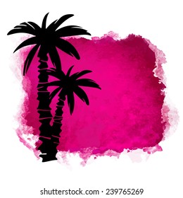 Watercolor square paint stain and coconut palm trees closeup black silhouettes. Nature icon isolated on white background. Abstract art. Logo design 