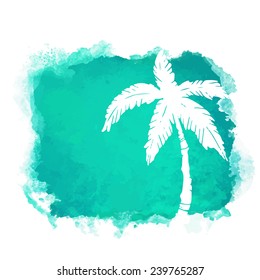 Watercolor square paint stain and coconut palm tree closeup white silhouette. Nature icon isolated on white background. Abstract art. Logo design 