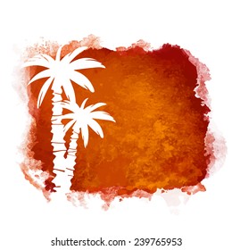 Watercolor square paint stain and coconut palm trees closeup white silhouettes. Nature icon isolated on white background. Abstract art. Logo design 