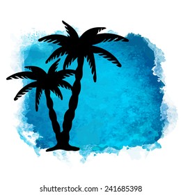 Watercolor square paint stain and coconut palm trees closeup black silhouettes. Nature icon isolated on white background. Abstract art. Logo design 