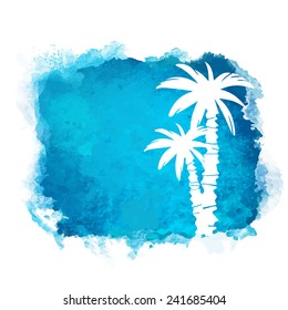 Watercolor square paint stain and coconut palm trees closeup white silhouettes. Nature icon isolated on white background. Abstract art. Logo design 