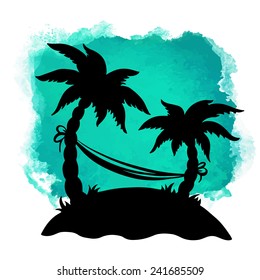 Watercolor square paint stain and coconut palm trees, hammock closeup black silhouettes. Nature icon isolated on white background. Abstract art. Logo design 