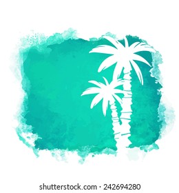 Watercolor square paint stain and coconut palm trees closeup white silhouettes. Nature icon isolated on white background. Abstract art. Logo design 