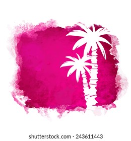 Watercolor square paint stain and coconut palm trees closeup white silhouettes. Nature icon isolated on white background. Abstract art. Logo design 