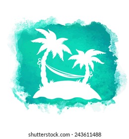 Watercolor square paint stain and coconut palm trees, hammock closeup white silhouettes. Nature icon isolated on white background. Abstract art. Logo design 