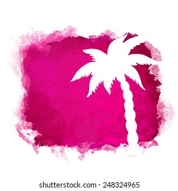 Watercolor square paint stain and coconut palm tree closeup white silhouette. Nature icon isolated on white background. Abstract art. Logo design 