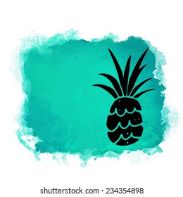 Watercolor square paint stain and fruit pineapple closeup black silhouette. Natural icon isolated on white background. Abstract art. Logo design 