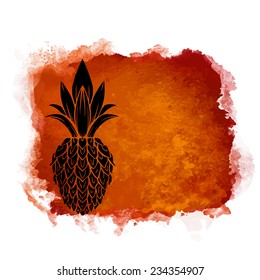 Watercolor square paint stain and fruit pineapple closeup black silhouette. Natural icon isolated on white background. Abstract art. Logo design 