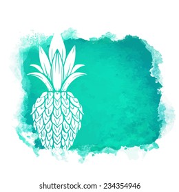 Watercolor square paint stain and fruit pineapple closeup white silhouette. Natural icon isolated on white background. Abstract art. Logo design 
