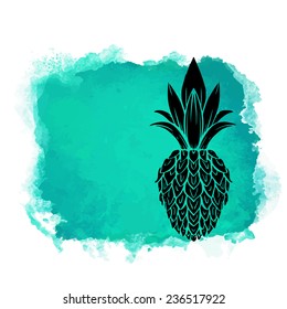 Watercolor square paint stain and fruit pineapple closeup black silhouette. Natural icon isolated on white background. Abstract art. Logo design 