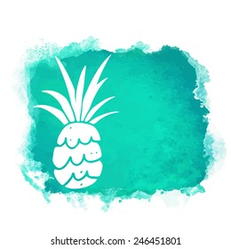 Watercolor square paint stain and fruit pineapple closeup white silhouette. Natural icon isolated on white background. Abstract art. Logo design 