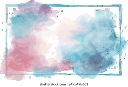 watercolor square rectangle background with brushstrokes and splashes, blue and pink	
