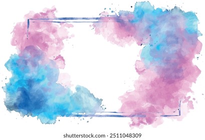 watercolor square rectangle background with brushstrokes and splashes, blue and pink	
