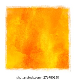 Watercolor square yellow, orange paint stain closeup isolated on white background