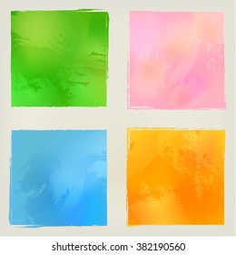 Watercolor squares shape splashes, green, blue, orange, pink.