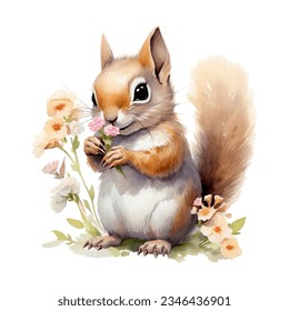 Watercolor squirrel with flowers. Vector illustration with hand drawn squirrel. Clip art image.