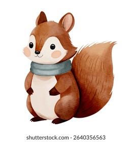Watercolor squirrel wearing cozy scarf. Hand painted illustration on white background