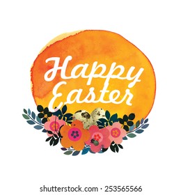 Watercolor stain with floral elements. Happy Easter card.