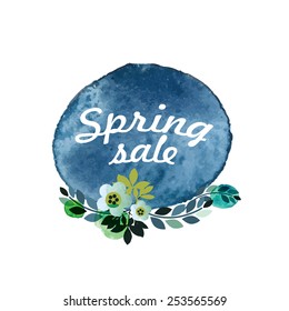 Watercolor stain with floral elements. Spring sale card.