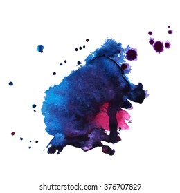 Watercolor Stain Smear With Splashes Purple Dark Blue Color. Banner For Text. Vector Illustration