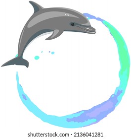 Watercolor stain, splashes and drops. High quality abstract shapes and stamps. Ink, paint or other liquid stain and marine mammal vector illustration. Dolphin jumping on colorful background