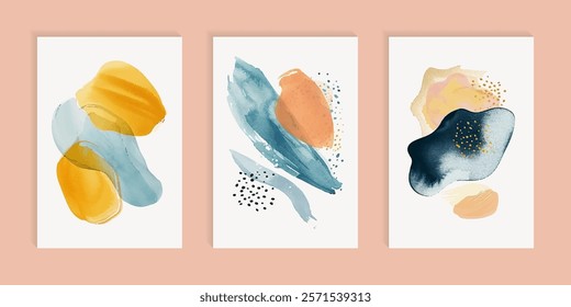 Watercolor stains and hand drawn dots composition banners and posters. Rich gold blue orange pink patterns, watercolor texture backgrounds. Vector brochure templates. Fine wall art.