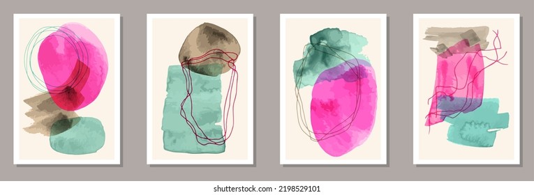 Watercolor stains and hand drawn line frames composition banners and posters. Rich gold blue and turquoise patterns, watercolor texture backgrounds. Vector brochure templates. Fine wall art.