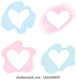 Watercolor stains with hearts. Valentines day template. Love symbol on stains. Vector illustration for romantic decoration.