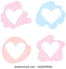 Watercolor stains with hearts. Valentines day template. Love symbol on stains. Vector illustration for romantic decoration.