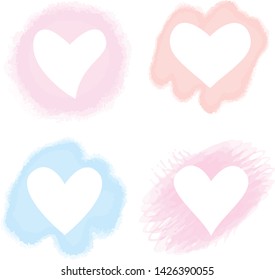 Watercolor stains with hearts. Valentines day template. Love symbol on stains. Vector illustration for romantic decoration.