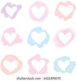 Watercolor stains with hearts. Valentines day template. Love symbol on stains. Vector illustration for romantic decoration.