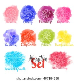 Watercolor stains set isolated on white background with yoga symbols and affirmation words. Stock vector illustration.
