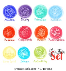 Watercolor stains set isolated on white background with yoga symbols and affirmation words. Stock vector illustration.