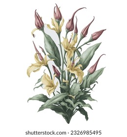 Watercolor Stanhopea vector: This captivating vector artwork beautifully portrays the unique elegance of the Stanhopea orchid. Created with delicate watercolor techniques, the artwork showcases the in