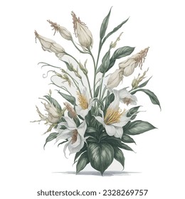 Watercolor Stanhopea vector: This captivating vector artwork beautifully portrays the unique elegance of the Stanhopea orchid. Created with delicate watercolor techniques, the artwork showcases the in